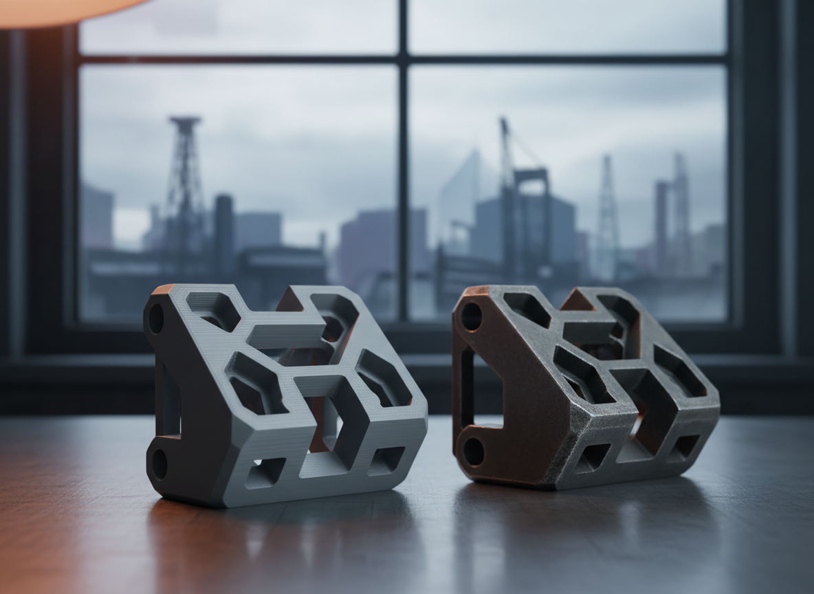 A close-up of a custom 3D-printed replacement part, a complex matte-grey mechanical bracket with interlocking channels and embossed-like surface details, resting beside its worn metal original on a brushed steel surface. Behind them, a softly blurred outline of an Aberdeen industrial skyline appears through a large workshop window, abstracted in digital-art style. Cool overcast light from the window combines with a subtle warm task lamp glow, revealing fine print lines and sharp edges on the new part. The composition uses rule-of-thirds framing and shallow depth of field, focusing attention on the comparison between old and new. The atmosphere feels precise, technical and reassuringly robust, ideal for conveying engineering-grade reliability.