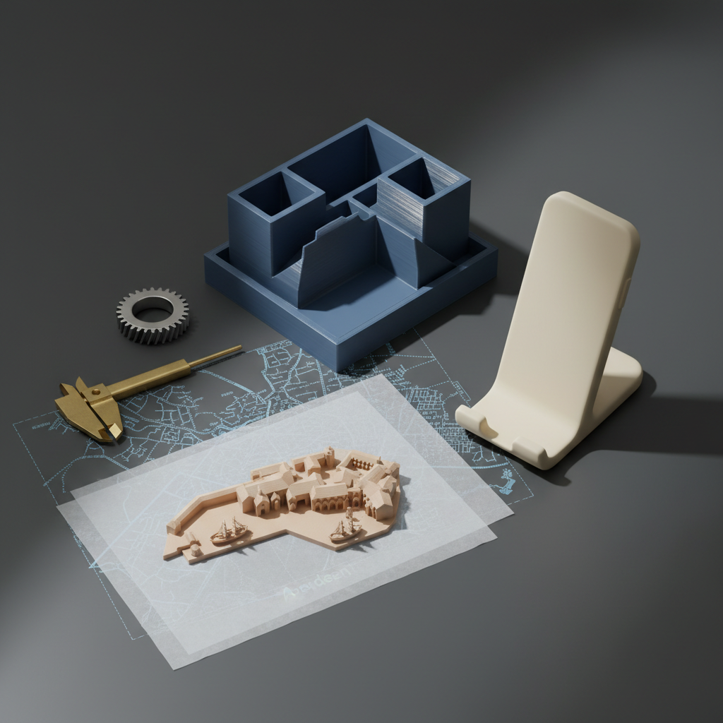 An elegant still life of custom 3D-printed accessories laid out on a charcoal-grey technical drafting table: a faceted geometric desk organiser, a finely knurled replacement gear, a smooth, curved phone stand tailored to a specific device, and a small, ultra-detailed Aberdeen harbour-inspired sculpture. A faint blueprint-style map of Aberdeen is visible beneath tracing paper sheets and calipers. Cool, directional side lighting creates refined highlights on the layered plastic textures and precise edges, with long, soft shadows adding depth. Captured from a top-down, bird’s-eye composition in crisp digital-art style, the mood is meticulous, modern and quietly luxurious, emphasizing craftsmanship and bespoke design.